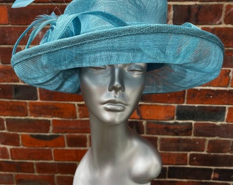 Stunning  large, formal, Blue Sinamay Wedding Hat with sinamay flowers and matching feathers