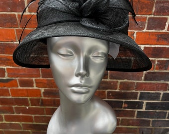 Stunning Formal Black Sinamay Hat with self coloured feathers and sinamay Petals