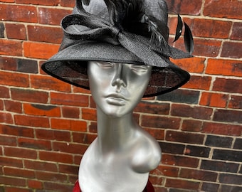 Stunning , formal, Bllacj Sinamay Wedding Hat with sinamay flowers and matching feathers