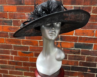 Stunning Formal Black Sinamay Hat with self coloured feathers and sinamay Twirls