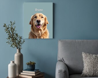 May include: A canvas print featuring a golden retriever dog with the name "Bruno" printed in white text.