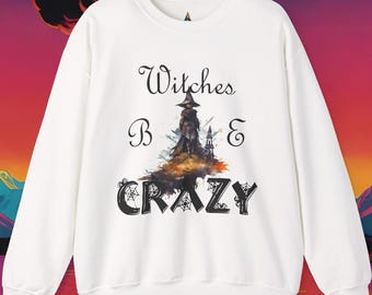 Witches Be Crazy Unisex-sweater, Spooky Boo ronde hals, Trick or Treat, Halloween-kostuum, Halloween-kleding, heks, herfstdecor, magische maan