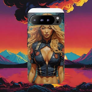 May include: A phone case featuring a stylized illustration of a woman with long blonde hair, wearing a dark blue uniform. The background shows a sunset over a lake and mountains.