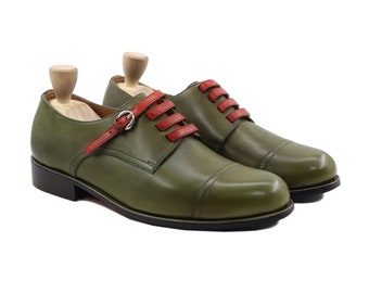 Zapato Derby clásico de cuero genuino de becerro verde y marrón para hombre, calzado con puntera con cordones, zapatos Oxford, zapatos formales para hombre, zapato hecho a mano para hombre