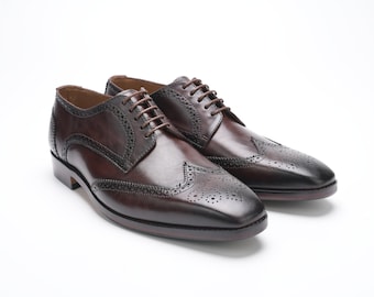 Derby Shoes Mens Leather Shoes Antique Brown Wingtip Derby Handmade Leather Shoes Calf Leather Dress Shoes