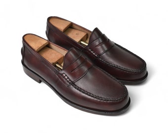 Penny Loafers Mens Shoes classic Burgundy Brown Handmade Calf Leather Slip On Shoes