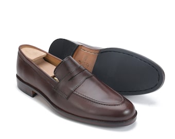 Penny Loafers Mens handmade shoes Calf Leather Slip ons Brown formal shoes Bespoke Leather shoes