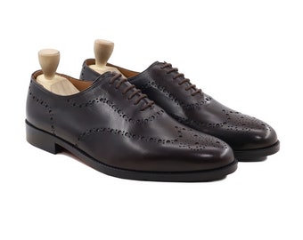 Men's dark brown patina calf Leather wingtip brogue formal Wholecut Shoe Handmade Leather oxford laceup wedding footwear male Partywear gift