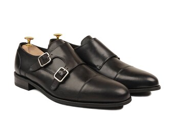 Zapatos de vestir negros Zapatos de cuero de becerro hechos a mano con doble hebilla y puntera Zapatos de vestir de boda formales para hombre en negro