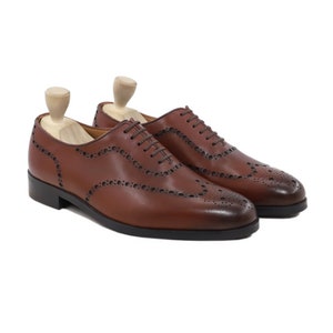 Men's burnish brown patina calf Leather wingtip brogue formal Wholecut Shoe Handmade oxford laceup wedding footwear male Partywear gift him