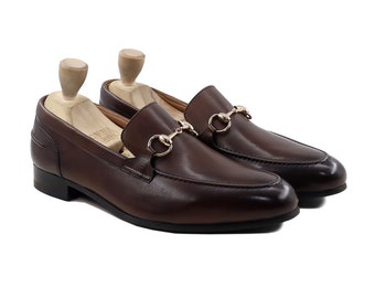 Horsebit Loafers Mens Brown Leather Loafers Slip On Calf Leather Handmade Shoes Semi Formal Dress Shoes