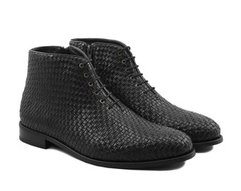 Black Woven Wholecut Boots Handmade Leather Boots Lace up Mens Calf Leather Hand woven Formal Party Dress Shoes