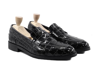 Mens Black Patent Crocodile Leather Penny Loafers