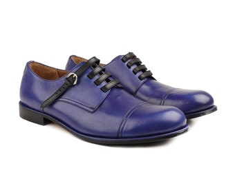 Zapato Derby clásico de cuero genuino de becerro con pátina azul oscuro para hombre, calzado con puntera con cordones, zapatos Oxford, zapatos formales para hombre, zapato hecho a mano para hombre