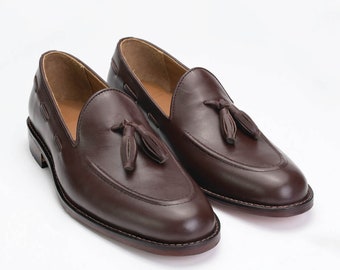 Tassel Loafers Mens Brown Leather Loafers Slip On Calf Leather Handmade shoes Semi Formal Dress Shoes