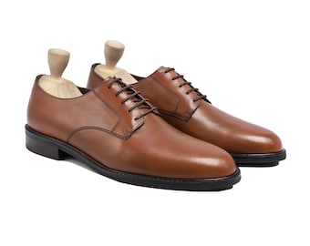 Zapato Derby clásico de piel auténtica de becerro con pátina marrón para hombre, calzado con cordones y punta lisa, zapatos formales para hombre, zapato hecho a mano