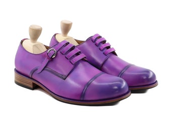 Zapatos Derby clásicos de piel auténtica de becerro con pátina morada para hombre, calzado con puntera con cordones, zapatos Oxford, zapatos formales para hombre, zapato hecho a mano para hombre