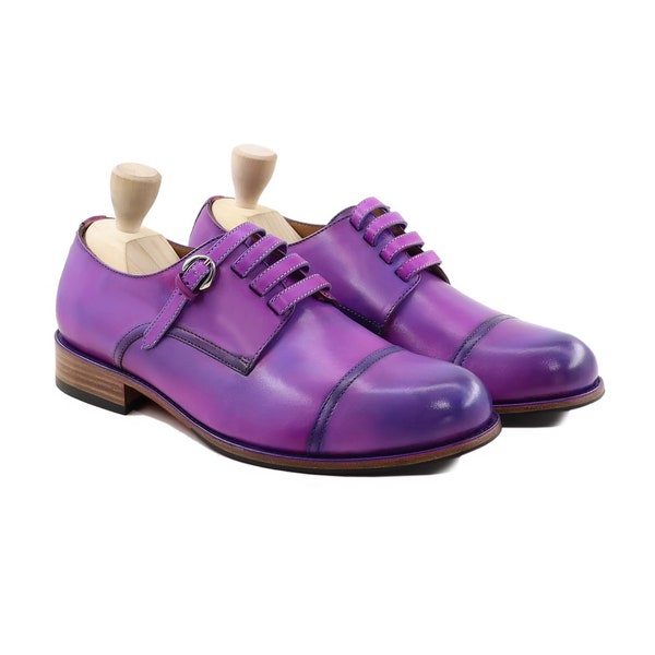 Men's Purple Patina Calf  Genuine Leather Classic Derby Shoe Lace-Up Cap-Toe Footwear Oxford Shoes Man Formal Shoes Male Handmade Shoe