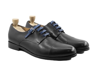 Zapatos Derby clásicos de piel auténtica de becerro con pátina negra para hombre, calzado con puntera y cordones, zapatos Oxford, zapatos formales para hombre, zapatos hechos a mano para hombre