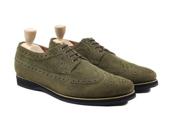 Zapatos Derby clásicos de cuero genuino de becerro de gamuza para niños de color verde oliva para hombre, calzado con punta de ala con cordones, zapatos formales para hombre Oxford, zapato hecho a mano para hombre