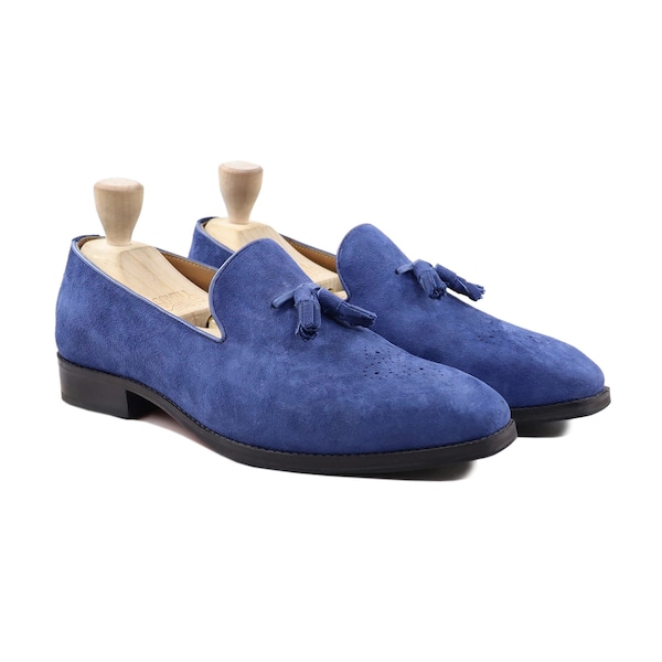 Blue Suede Tassel Loafer Shoe Men's Slip-On Brogue Detailing Handmade Leather Loafers classic male shoe formal Casual leather loafer for him