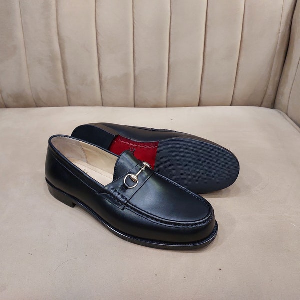 Horsebit Loafers Mens Handmade Leather Shoes Mens Dress Shoes Black Calf Leather Shoes Slip On