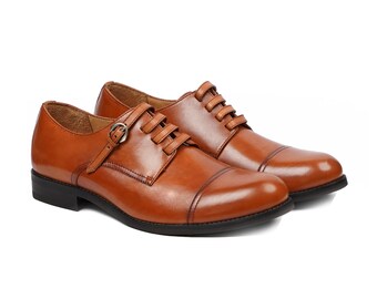 Zapato Derby clásico de cuero genuino de becerro con pátina marrón tostado para hombre, calzado con puntera con cordones, zapatos Oxford, zapatos formales para hombre, zapato hecho a mano para hombre