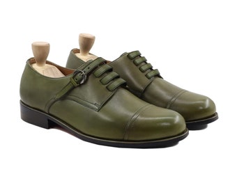 Zapatos Derby clásicos de piel auténtica de becerro con pátina verde para hombre, calzado con puntera con cordones, zapatos Oxford, zapatos formales para hombre, zapatos hechos a mano para hombre