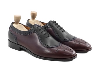 Mens Luxury Leather Shoes Two Tone Burgundy Black Calf Leather Shoes with brogues