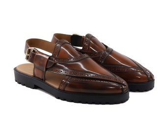 Men's Brown Box Leather High Shine Peshawri Sandal Traditional Premium Quality 100% Genuine Leather handmade Nauroze Kaptaan Summer Chappal