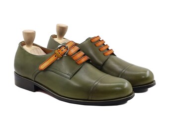 Zapatos Derby clásicos de piel auténtica de becerro con pátina verde para hombre, calzado con puntera con cordones, zapatos Oxford, zapatos formales para hombre, zapatos hechos a mano para hombre