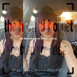 May include: A person wearing a black and purple wig and a black horned hat with the text "the horned bonnet pattern release by @croshell_" superimposed on the image.