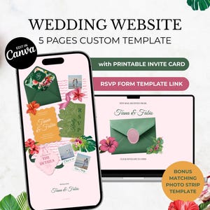 Könnte beinhalten: Ein Design für eine Hochzeitswebsite, das auf einem Smartphone und Laptop angezeigt wird. Das Design umfasst grüne Umschläge, florale Akzente und den Text "Wedding Website" und "5 Pages Custom Template". Zusätzlicher Text enthält "Tiana & Fabio".
