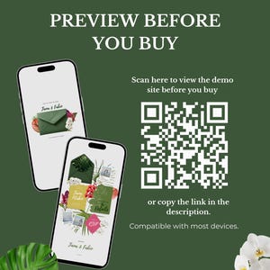 以下が含まれることがあります： 2つのスマートフォンには、花柄と封筒のグラフィックが施された結婚式の招待状のデザインが表示されています。「PREVIEW BEFORE YOU BUY」というテキストが上部にあります。QRコードと「Scan here to view the demo site before you buy」というテキストも表示されています。