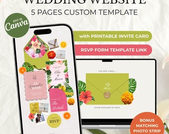 Tropical Chic Wedding Invitation Website Template, Bright Wedding Invitations, Editable Canva Wedding Website, RSVP, Printable Card Invites