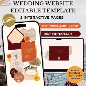 Puede incluir: Una plantilla de sitio web de bodas con un diseño moderno. El diseño incluye un teléfono inteligente y una computadora portátil que muestran los detalles de la invitación de boda, la información de RSVP y una plantilla de tira de fotos. El texto incluye "Wedding Website Editable Template" y "Francesca & Marco".