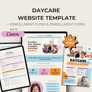 Peut inclure: Un modèle de site Web et une brochure pour une garderie. Le modèle de site Web présente un design coloré avec des images d'enfants qui jouent. La brochure a un schéma de couleurs bleu et blanc avec le texte "Inscription en garderie" et "Inscrivez-vous dès aujourd'hui !" La brochure comprend également une liste de groupes d'âge et une section pour que les parents en apprennent davantage sur la garderie.