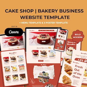 Bakery Shop Canva website template. Modern Cake Shop Website Template. Fun Food Website Design for Bakery Business. Restaurant Website Page.
