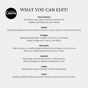 以下が含まれることがあります： Canvaのロゴと「WHAT YOU CAN EDIT?」のテキストが入ったクリーム色のグラフィックで、テキスト、色、画像、要素、レイアウト、ロゴ、リンクを編集するためのオプションがリストされています。テキストはクリーンなサンセリフフォントです。