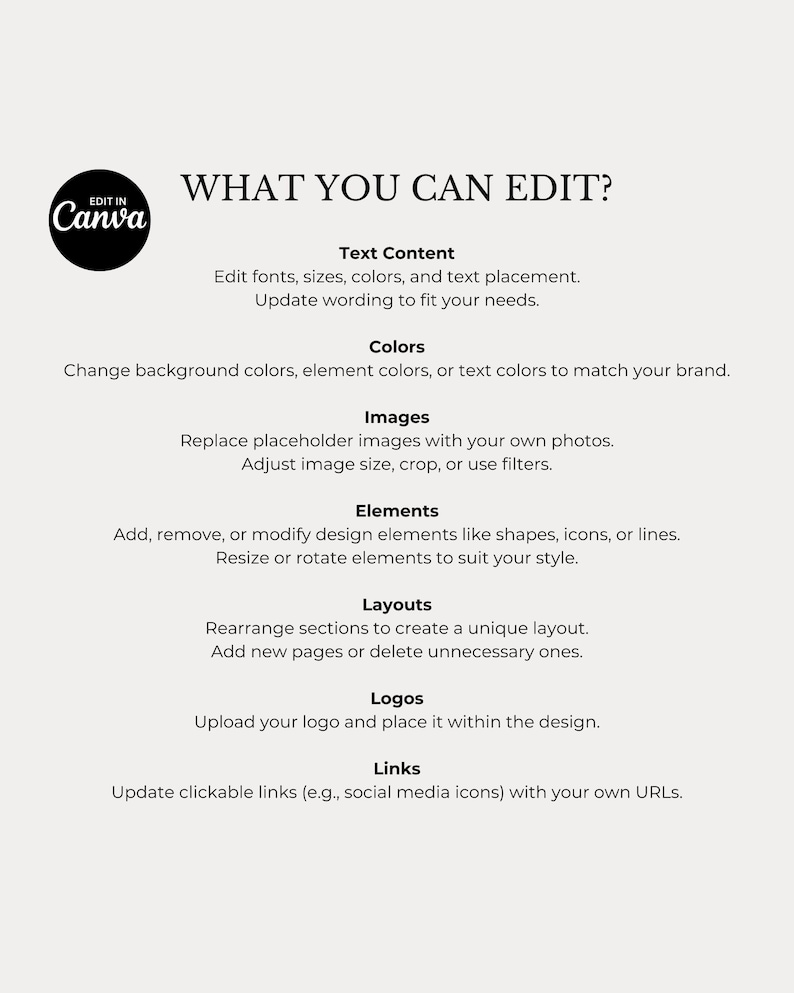 以下が含まれることがあります： Canvaのロゴと「WHAT YOU CAN EDIT?」のテキストが入ったクリーム色のグラフィックで、テキスト、色、画像、要素、レイアウト、ロゴ、リンクを編集するためのオプションがリストされています。テキストはクリーンなサンセリフフォントです。
