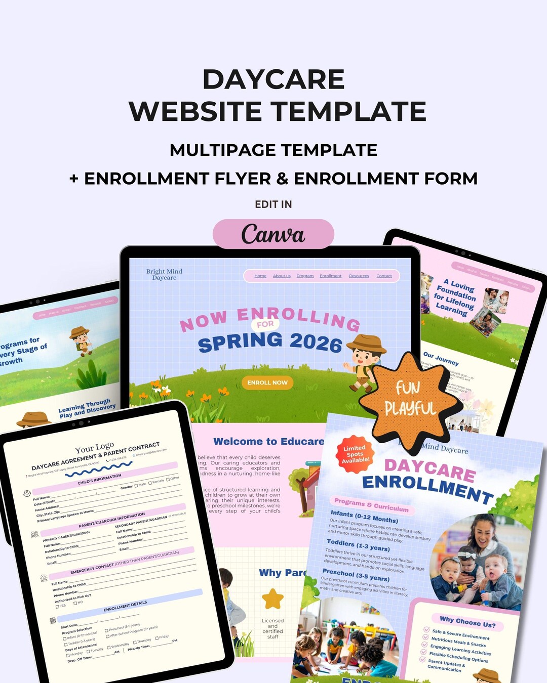 Daycare Canva Multipage Website Template. Playful Childcare Website