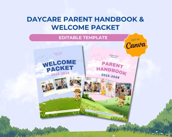 May include: Two daycare handbooks and welcome packets. The blue "Welcome Packet" and pink "Parent Handbook" feature photos of children and the years 2025-2026. The image includes the text "Editable Template" and "Edit in Canva".