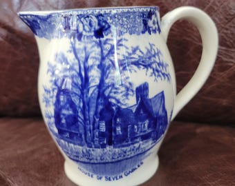 House of Seven Gables - Blue & White Small Pitcher - Vintage Antique W. Adams