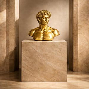 May include: A gold-coloured bust of a man with curly hair, displayed on a square, stone-like plinth. The sculpture is illuminated, highlighting its details. The background features stone pillars and a neutral wall, creating a classical aesthetic.
