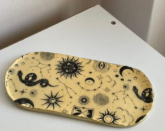 Bandeja de baratijas celestiales / Plato de joyería inspirado en el zodíaco y el tarot / Plato de colección estético astrológico / Regalo de decoración de habitación de brujas