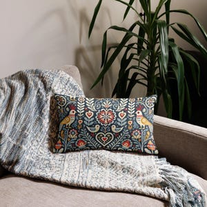 Scandinavian Birds Reversible Pillow – Nordic Folk Art Throw Pillow | Hygge Boho Decor | Holiday Gift | 20x12 Premium Linen Feel