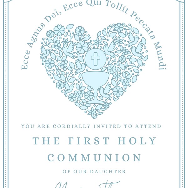 Blue First Communion Invitation Religious Catholic Invite