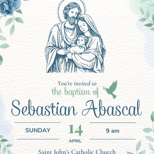 Invitación de bautismo de niños azules y verdes Invitación religiosa cristiana católica Inglés
