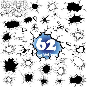 May include: A set of 62 black and white cracked circle and square shapes, ideal for adding a distressed look to your designs. The shapes are arranged in a random pattern on a white background. The text "svg/dxf/png" is written in blue on a blue circle in the centre of the image.