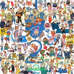 Puede incluir: Una colección de 80 imágenes prediseñadas con el tema de Zootrópolis. Las ilustraciones presentan varios personajes de animales de la película, incluidos zorros, conejos, perezosos y tigres, en una variedad de poses y atuendos. Las imágenes están en formatos SVG y PNG.